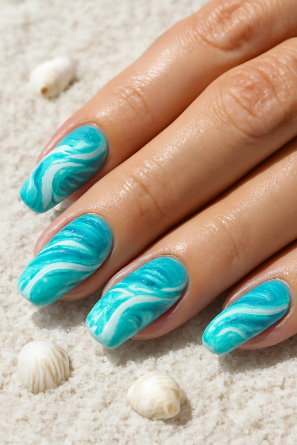 Blue and white ocean wave nail design with sea foam textures and glitter.