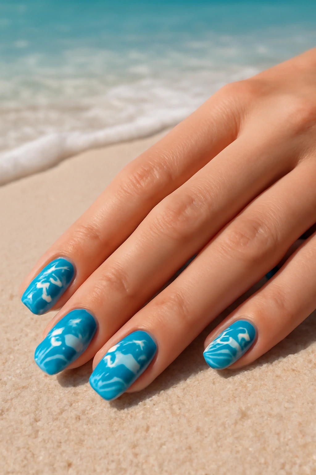 Close up of blue nails with white foam ocean wave art designs on a sandy beach