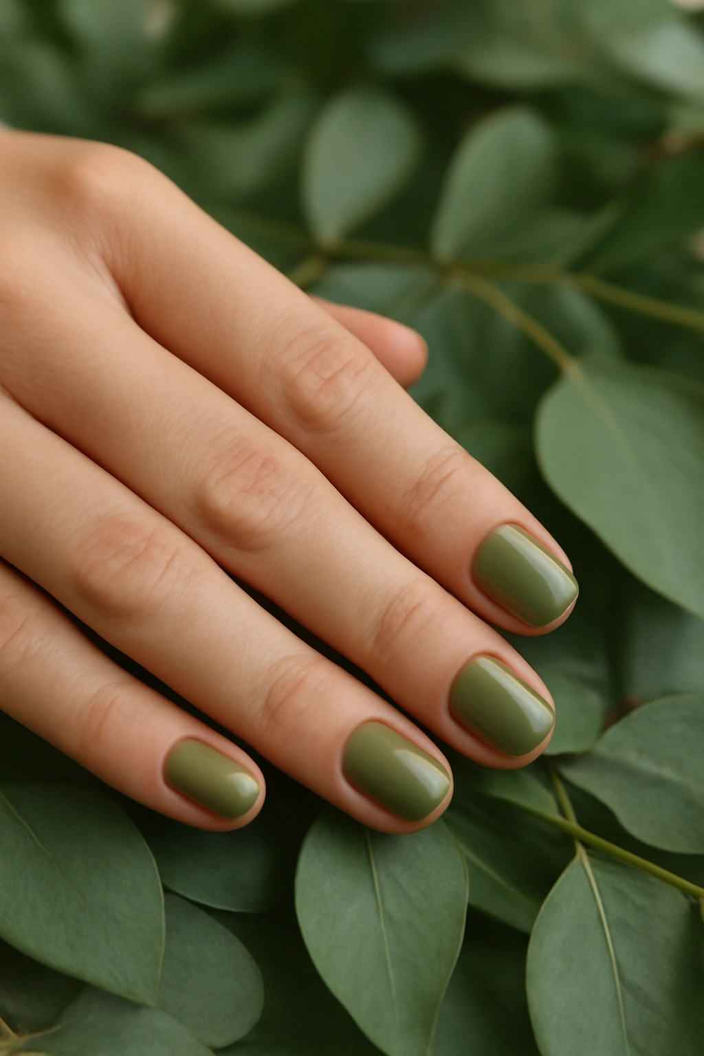 Muted olive green nail polish on short nails for an elegant, earthy look.