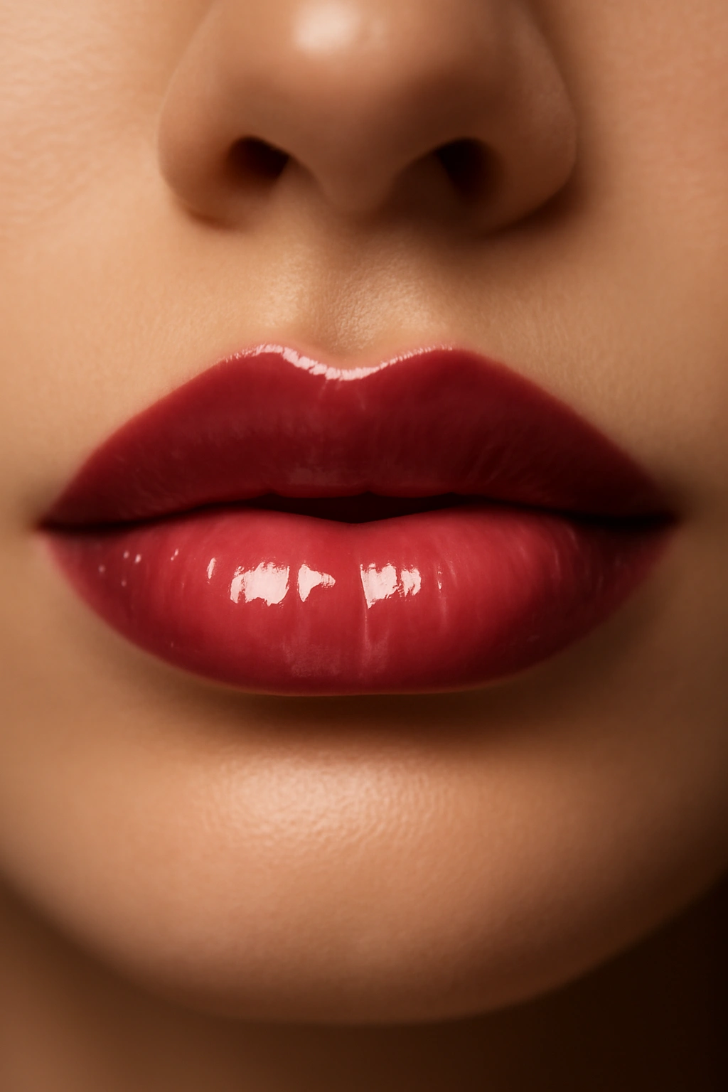 Close-up of glossy ombre lips with dark outer edges and bright center