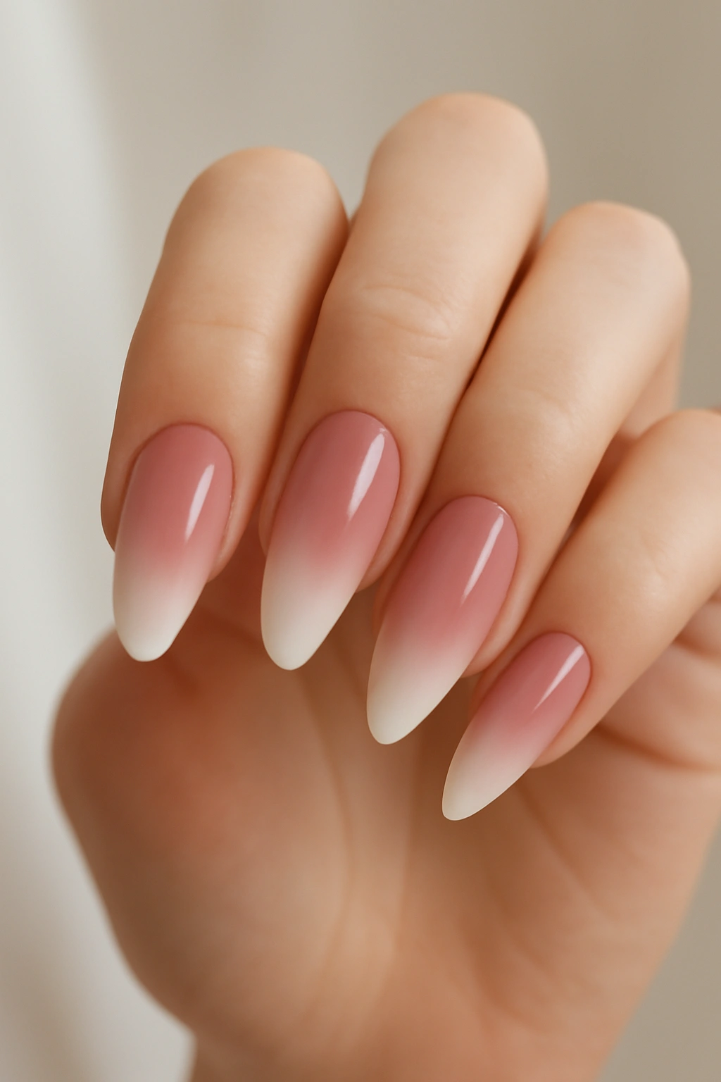 Close up of pink and white ombre gradient nails with a seamless color blend