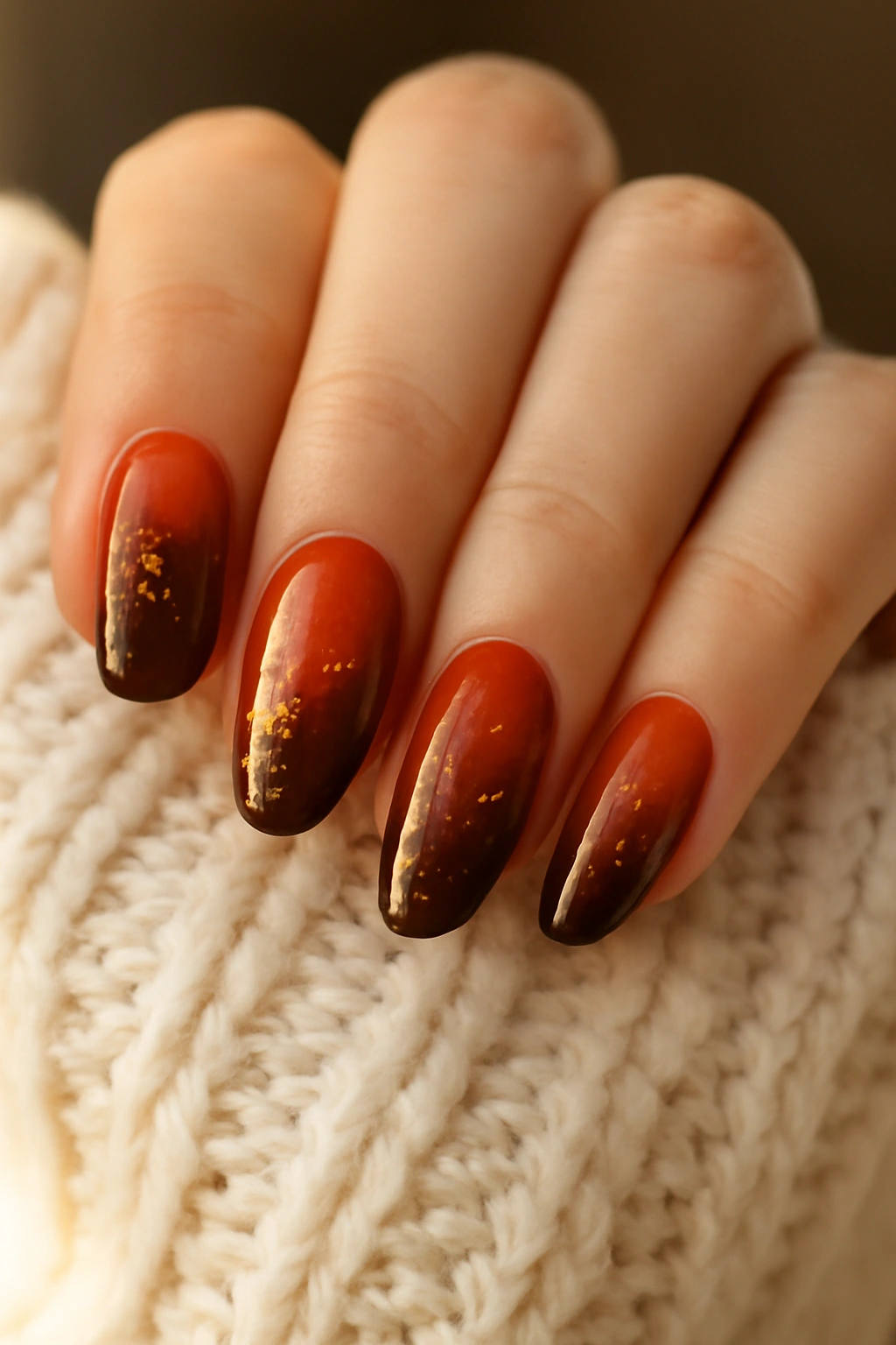 Autumnal ombré nails with a gradient of orange to brown and gold foil accents.