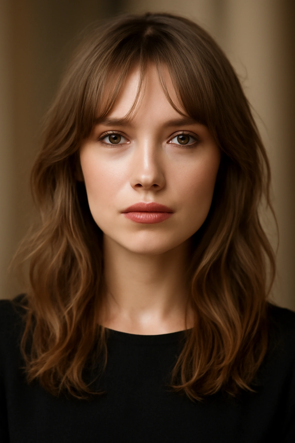 Symmetrical wispy bangs on a woman with an oval face shape