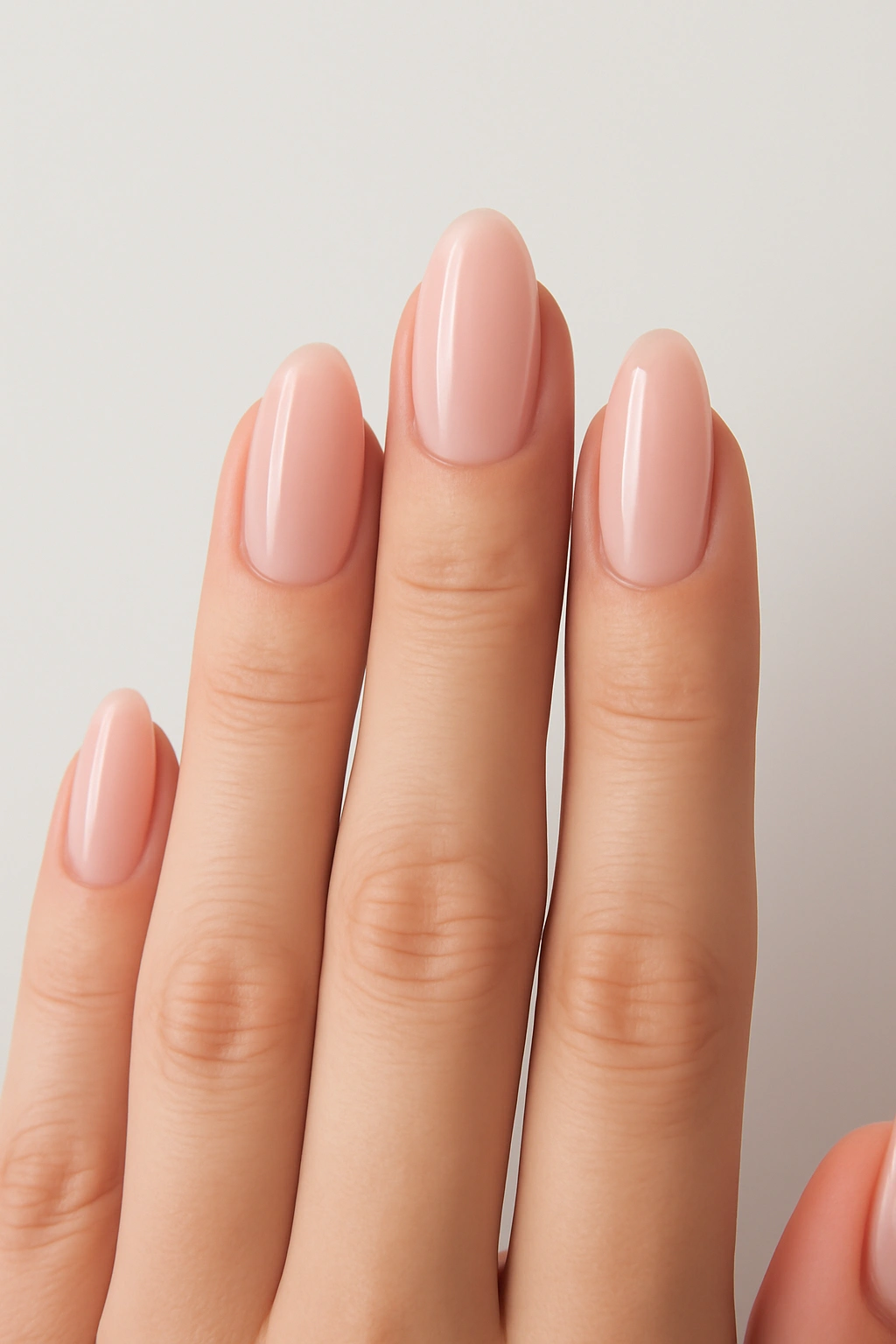 Classic oval shaped nails with pink polish on a petite hand.