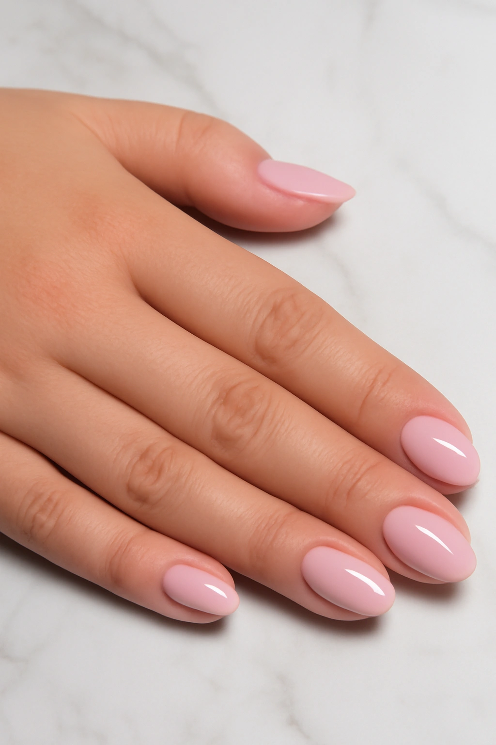 Oval shaped glossy pink nails on a fuller hand showing rounded tips and gentle curves.