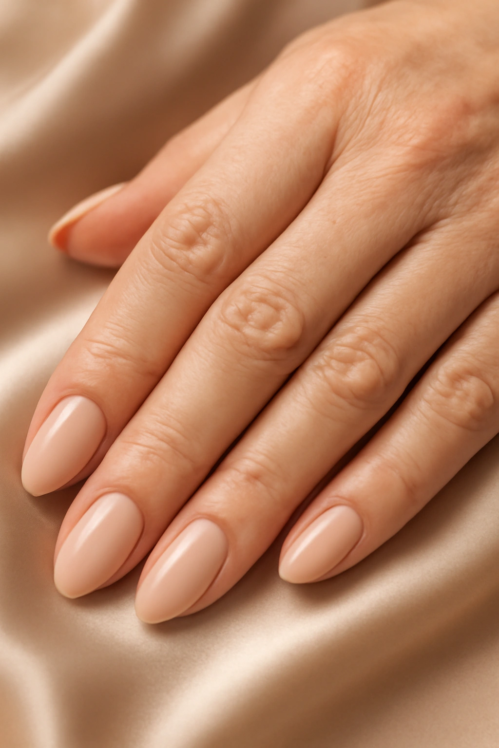 Close up of elegant classic oval shaped nails with nude polish on a mature hand.