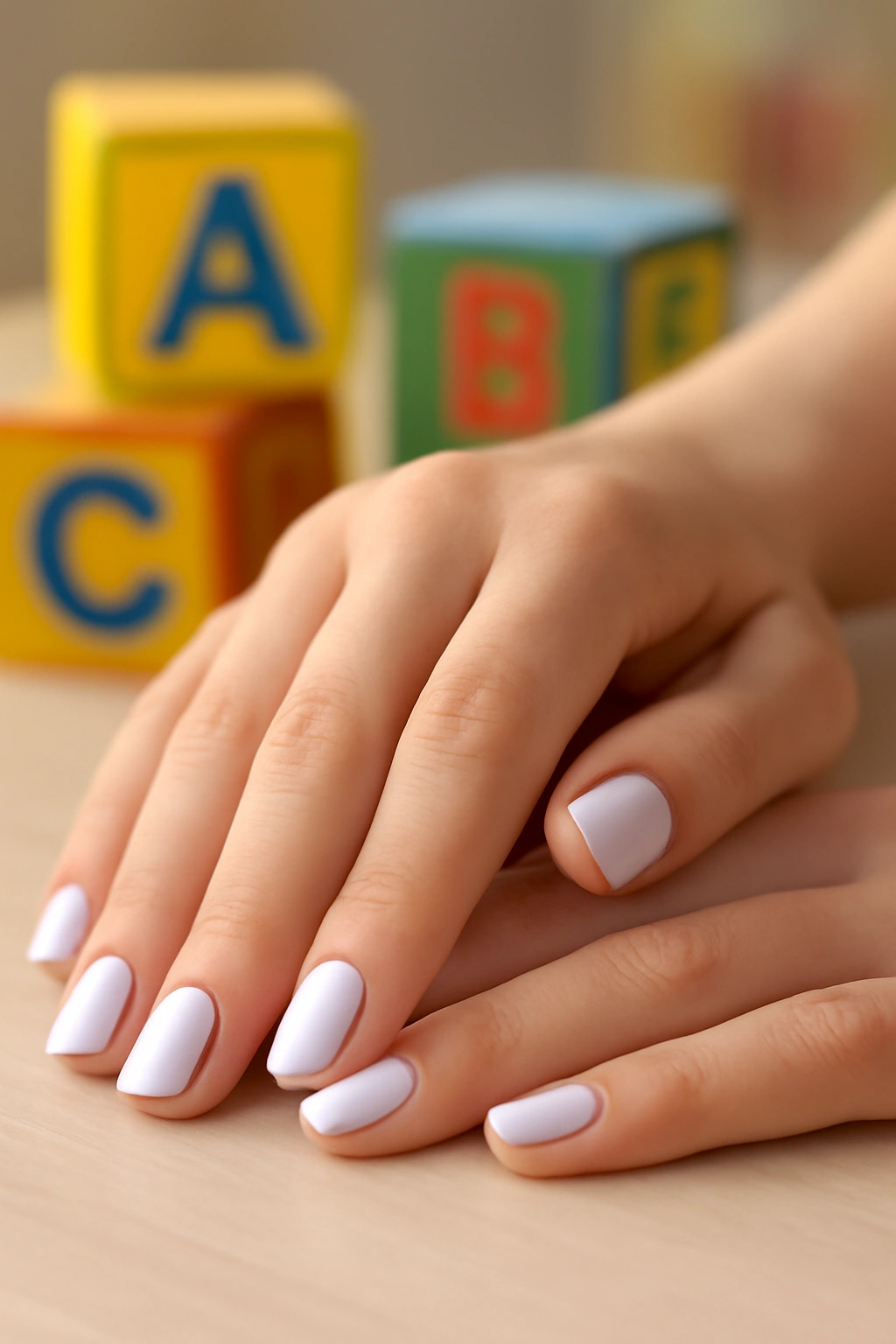 Extremely pale lavender nail polish on hands near colorful alphabet blocks.
