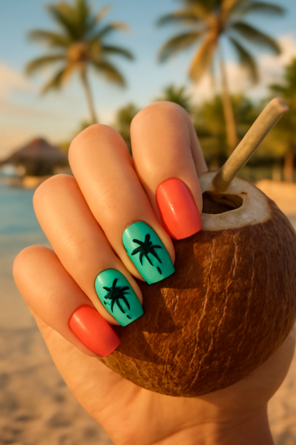 Palm tree nail art silhouettes on coral and turquoise vacation nails.