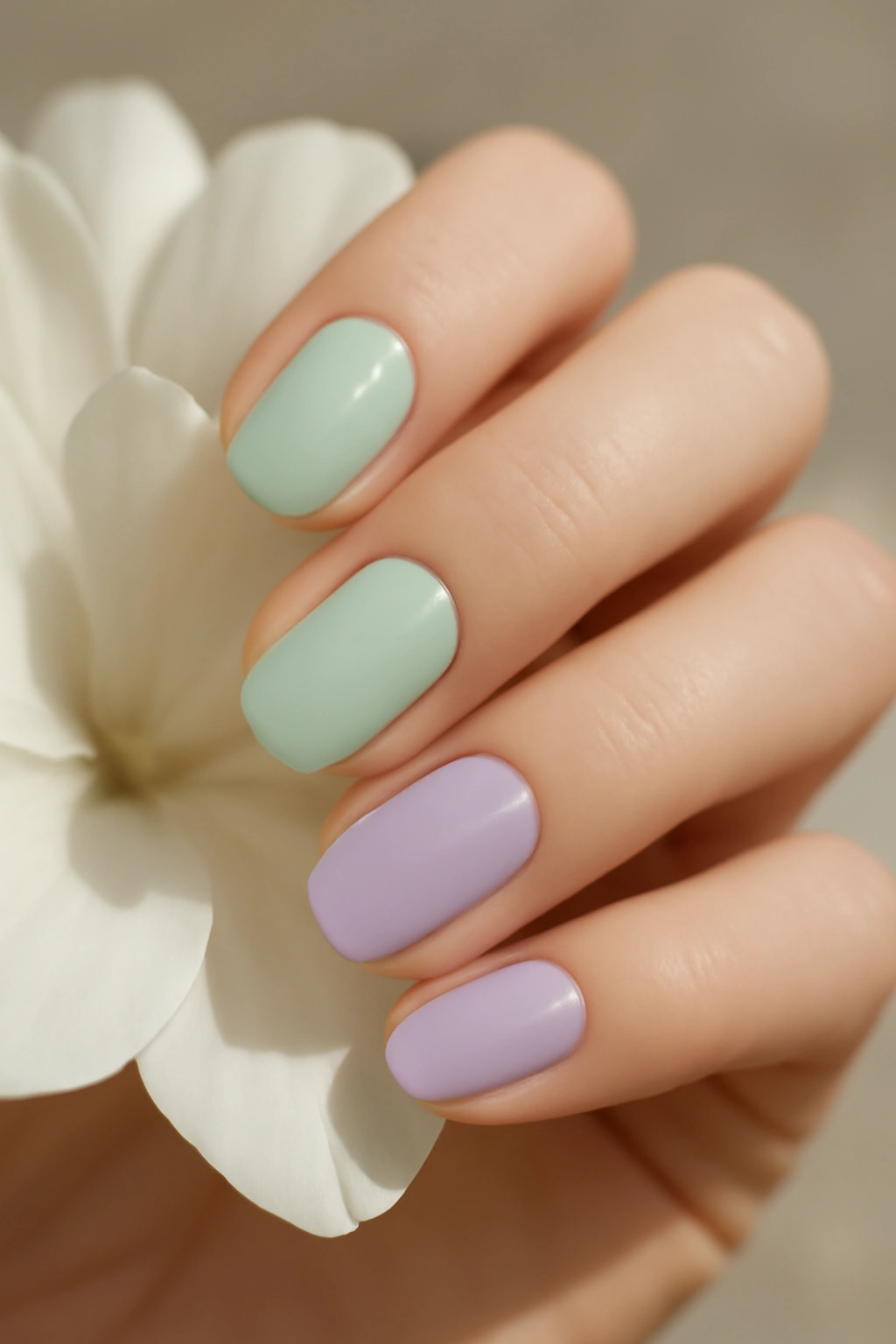 Soft pastel colored manicure in mint green and lavender
