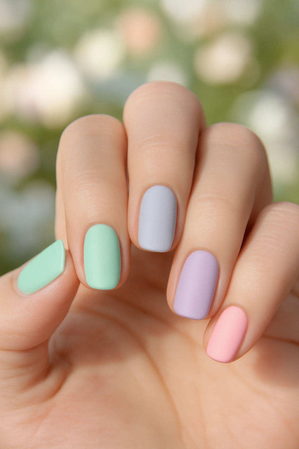 Multi-colored pastel manicure with mint green baby blue lavender and pink nails.