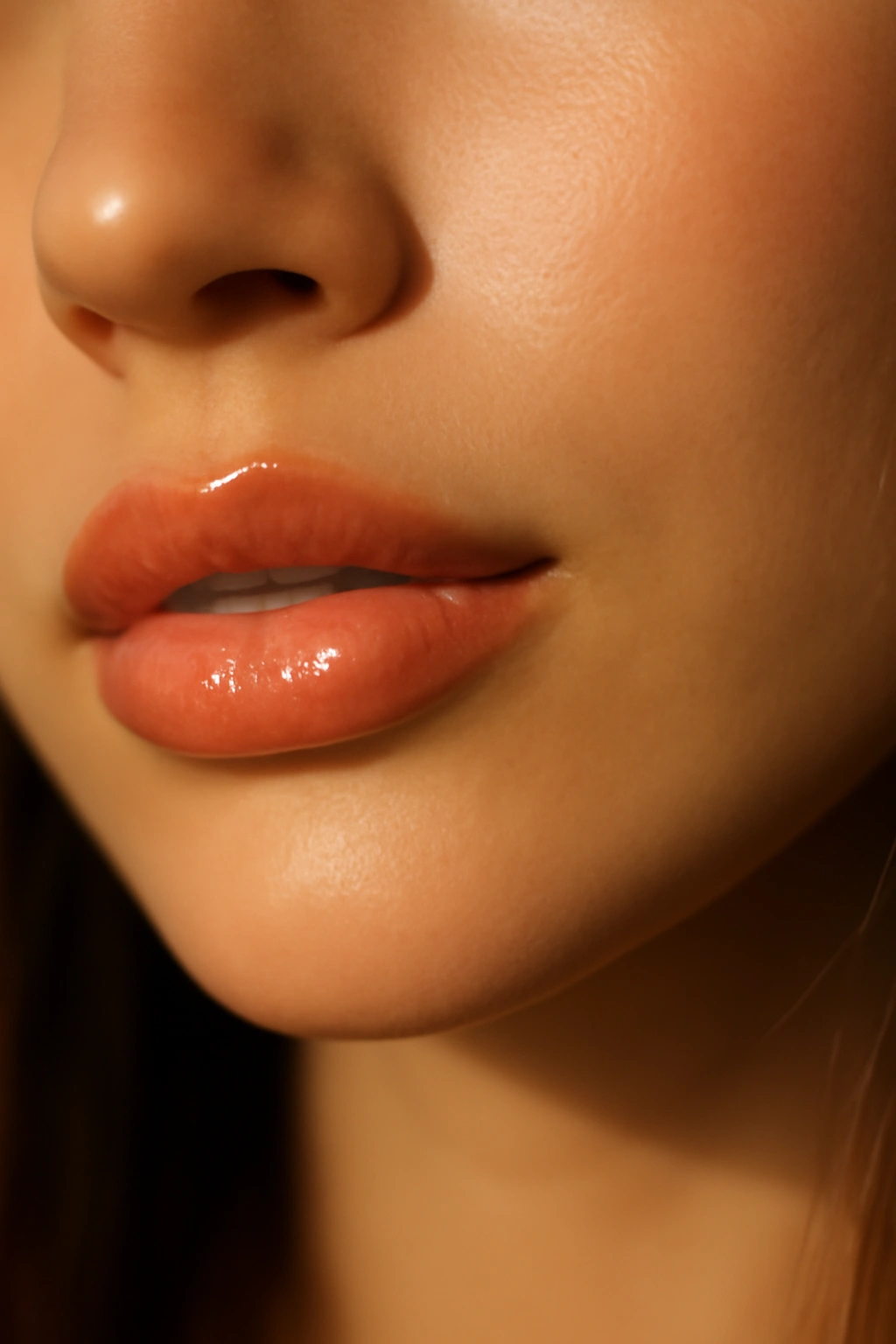 Lips with peach gloss showing warm glow and dimensional shine.