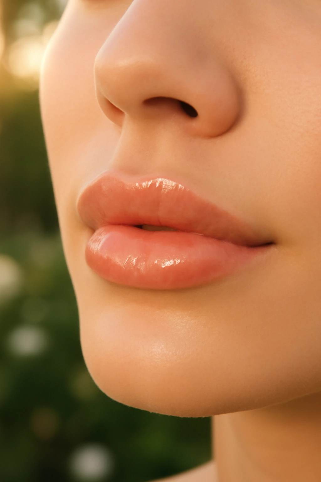 Luminous soft peach lip gloss on full lips for a dewy bridal look.