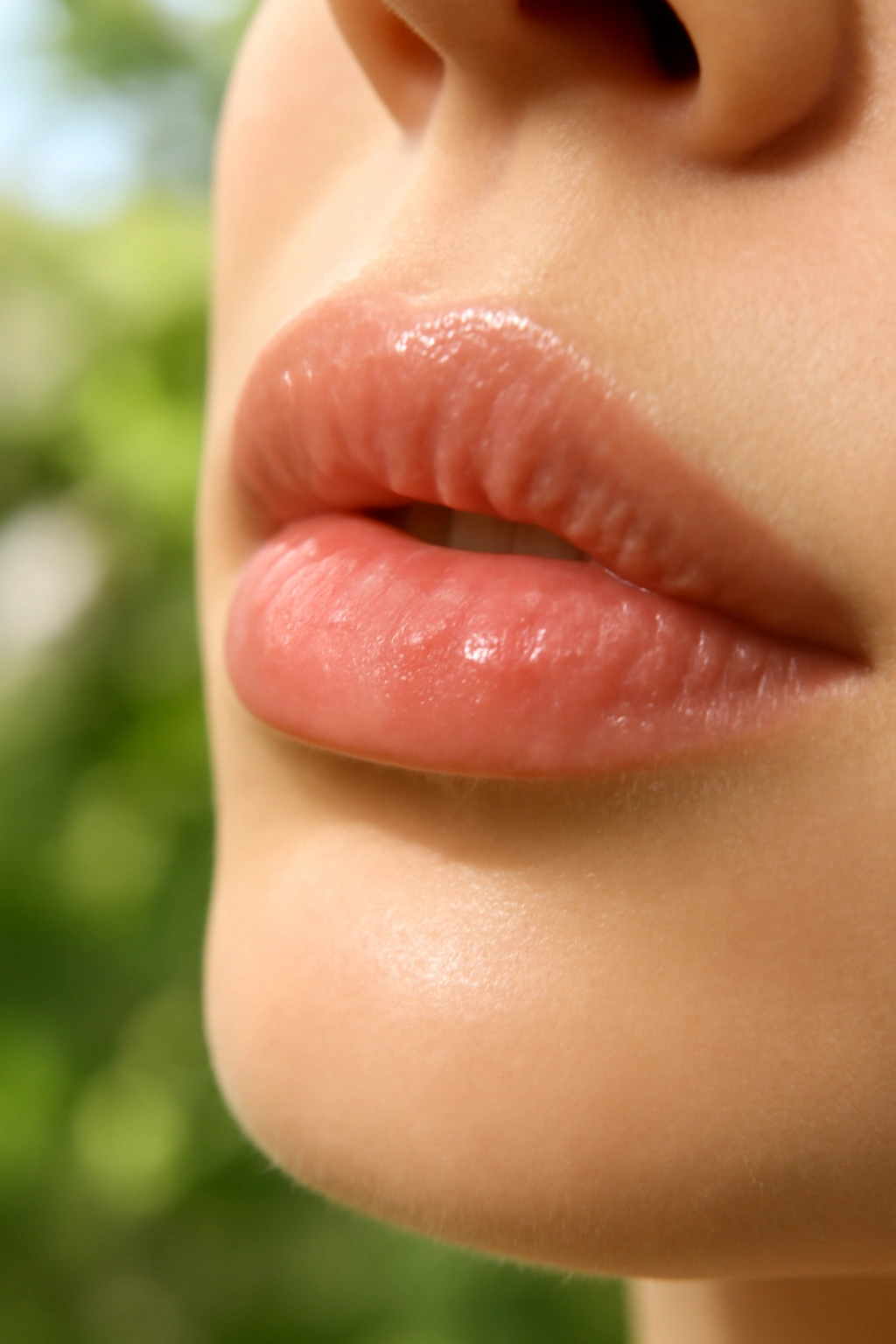 Radiant peach-tinted lip gloss reflecting light for a fresh wedding guest makeup style