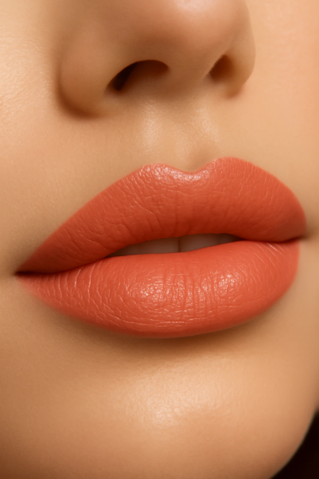 Warm peach lipstick look for a mother of the bride with a subtle glow.