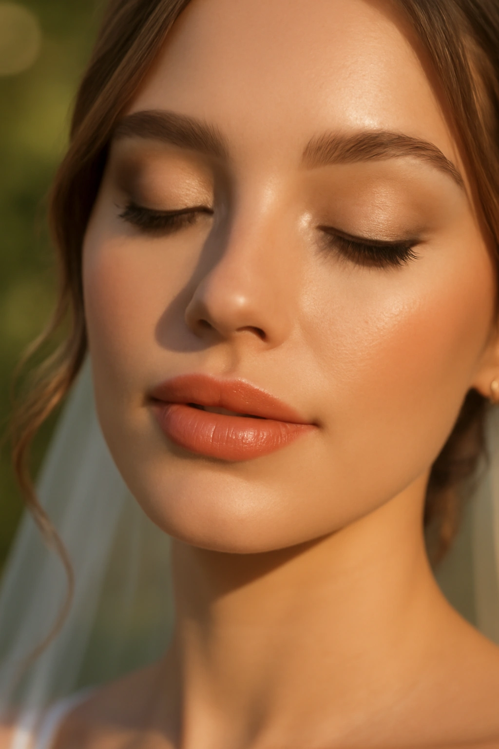 Close up of peachy orange lip makeup on a bride in warm natural light