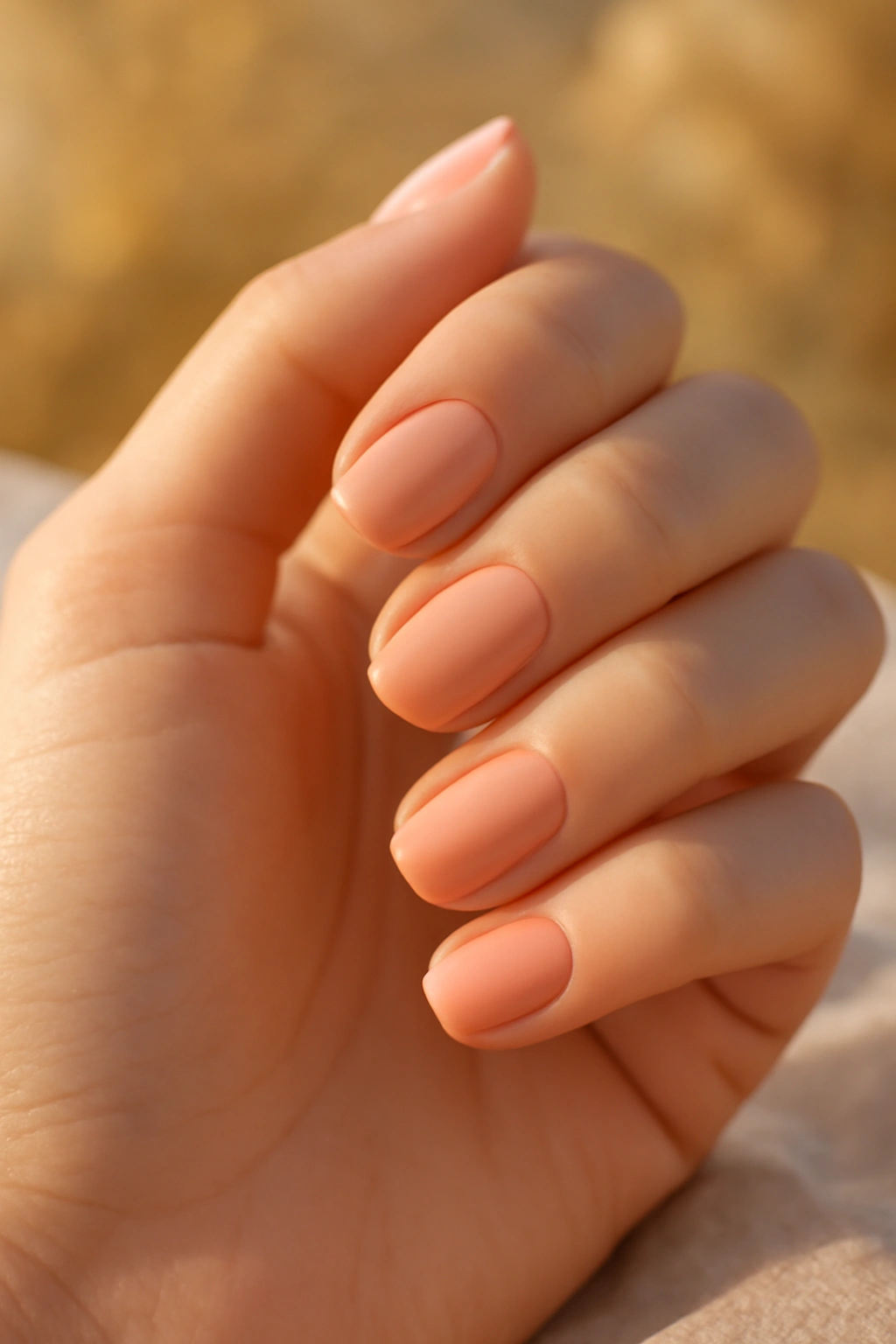 Warm peach nail polish on round nails for light skin with warm undertones