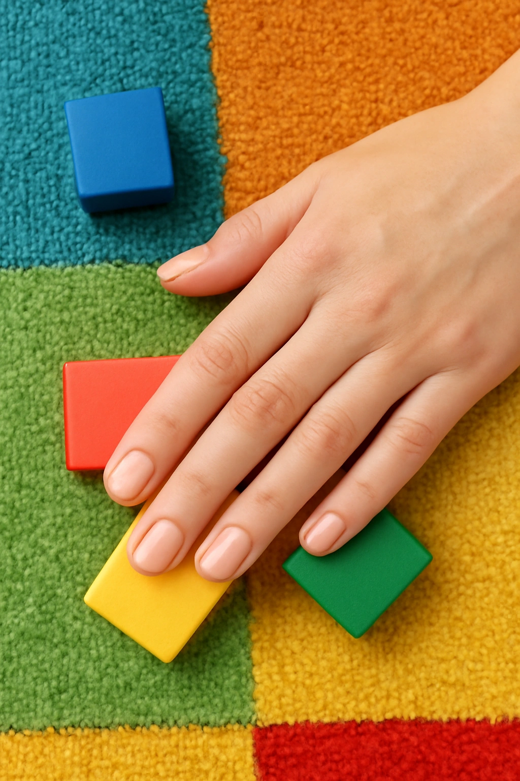 Pale peach manicured nails touching colorful classroom learning materials