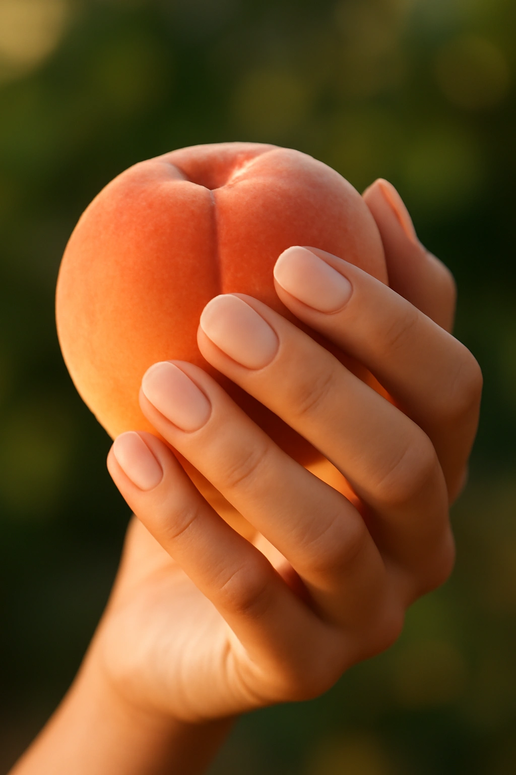 Elegant soft peach colored nails on a hand holding a fresh peach fruit in sunlight.