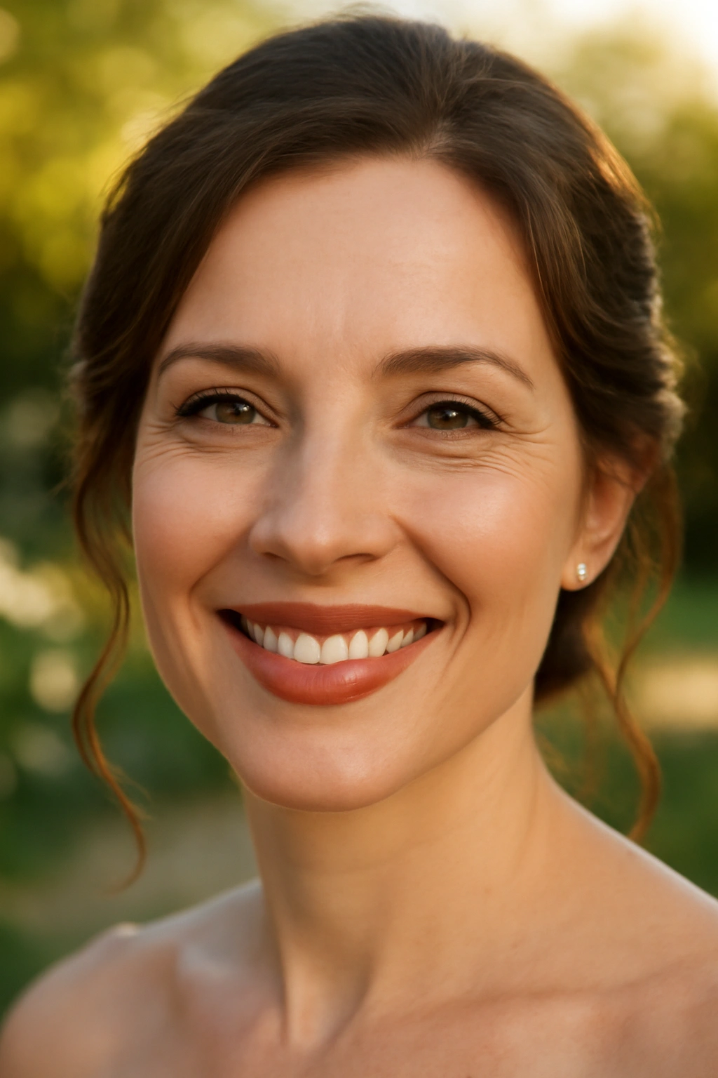 Peachy nude lipstick look for a warm and natural wedding appearance