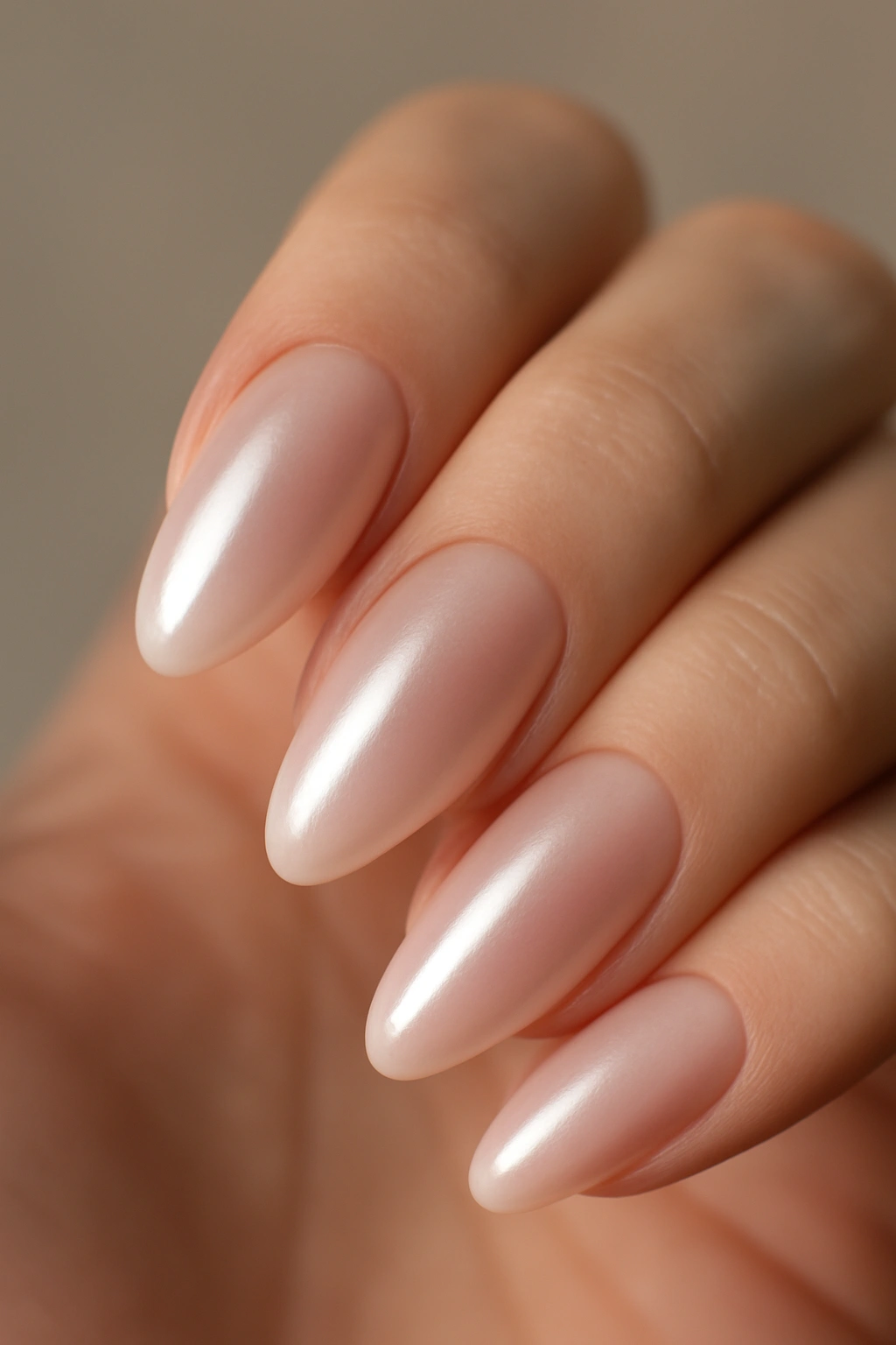 Almond nails with pearlescent finish on natural hand