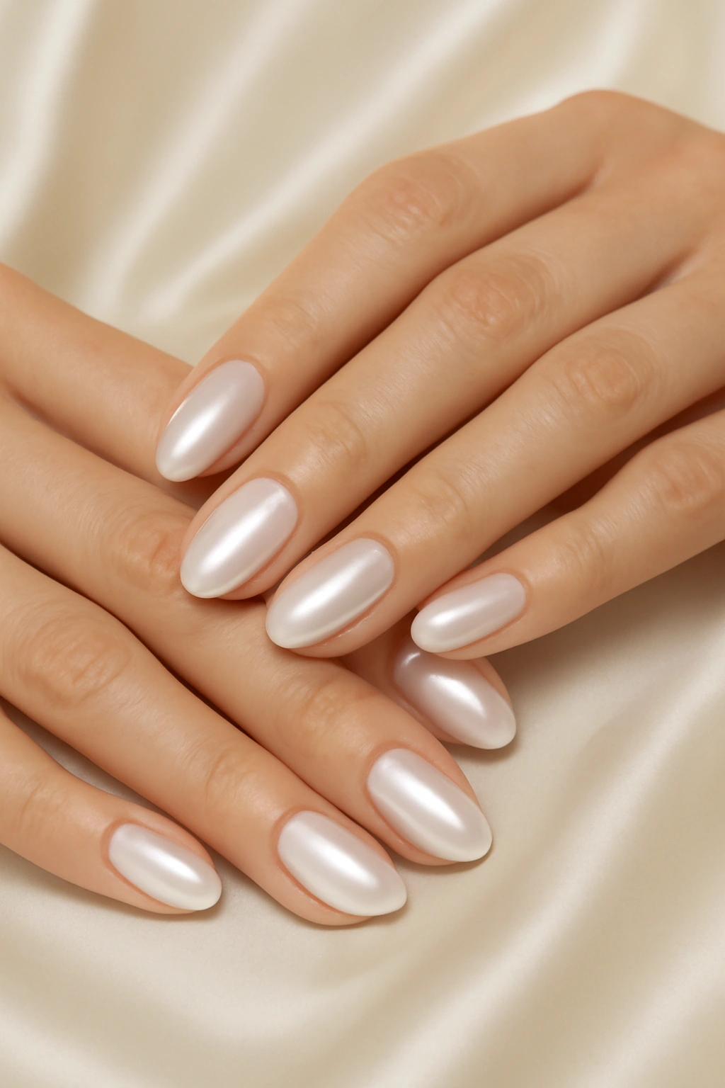 Nails with a luminous pearlized finish and iridescent sheen.
