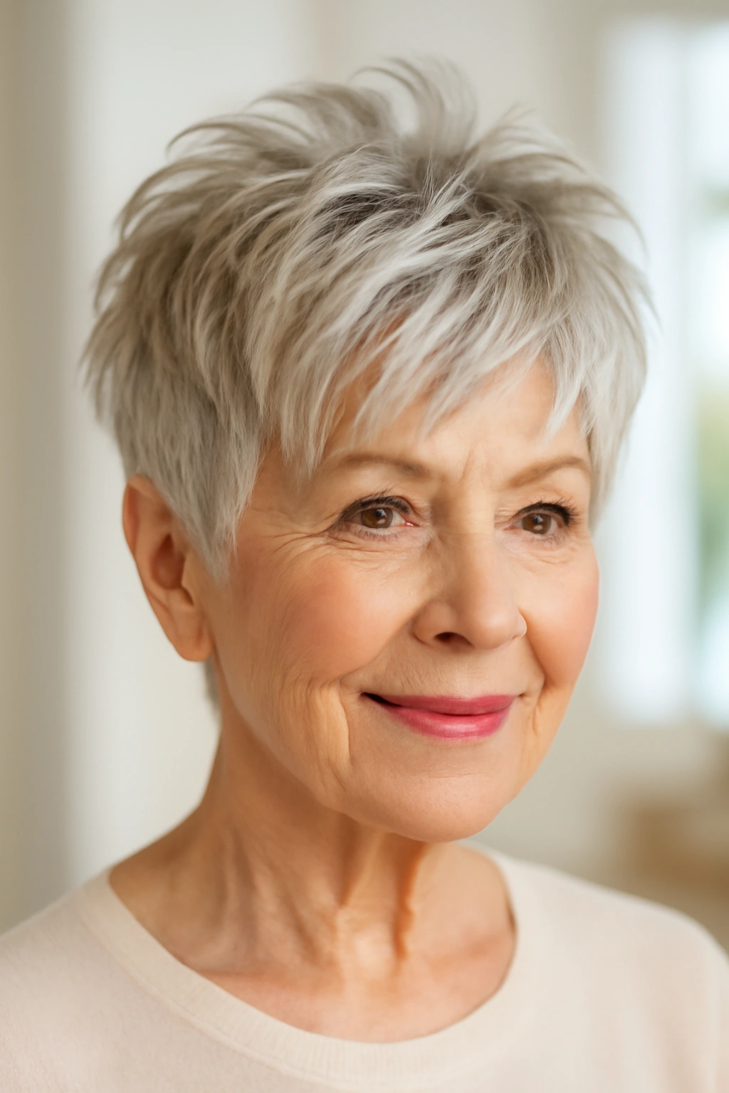 Piecey pixie haircut with defined sections on woman over 70