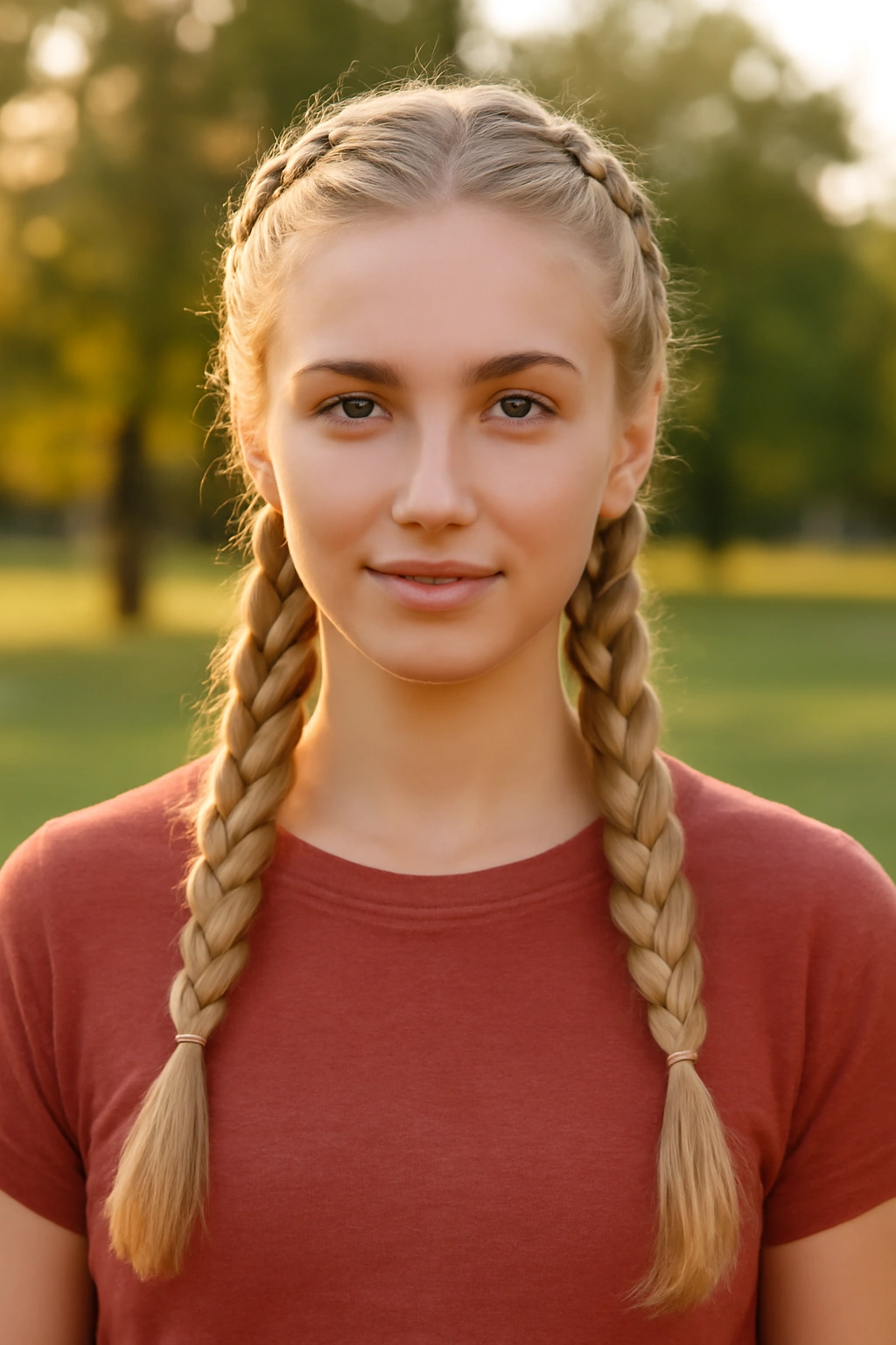 Symmetrical Dutch braided pigtails on a woman with blonde hair in a bright outdoor setting.
