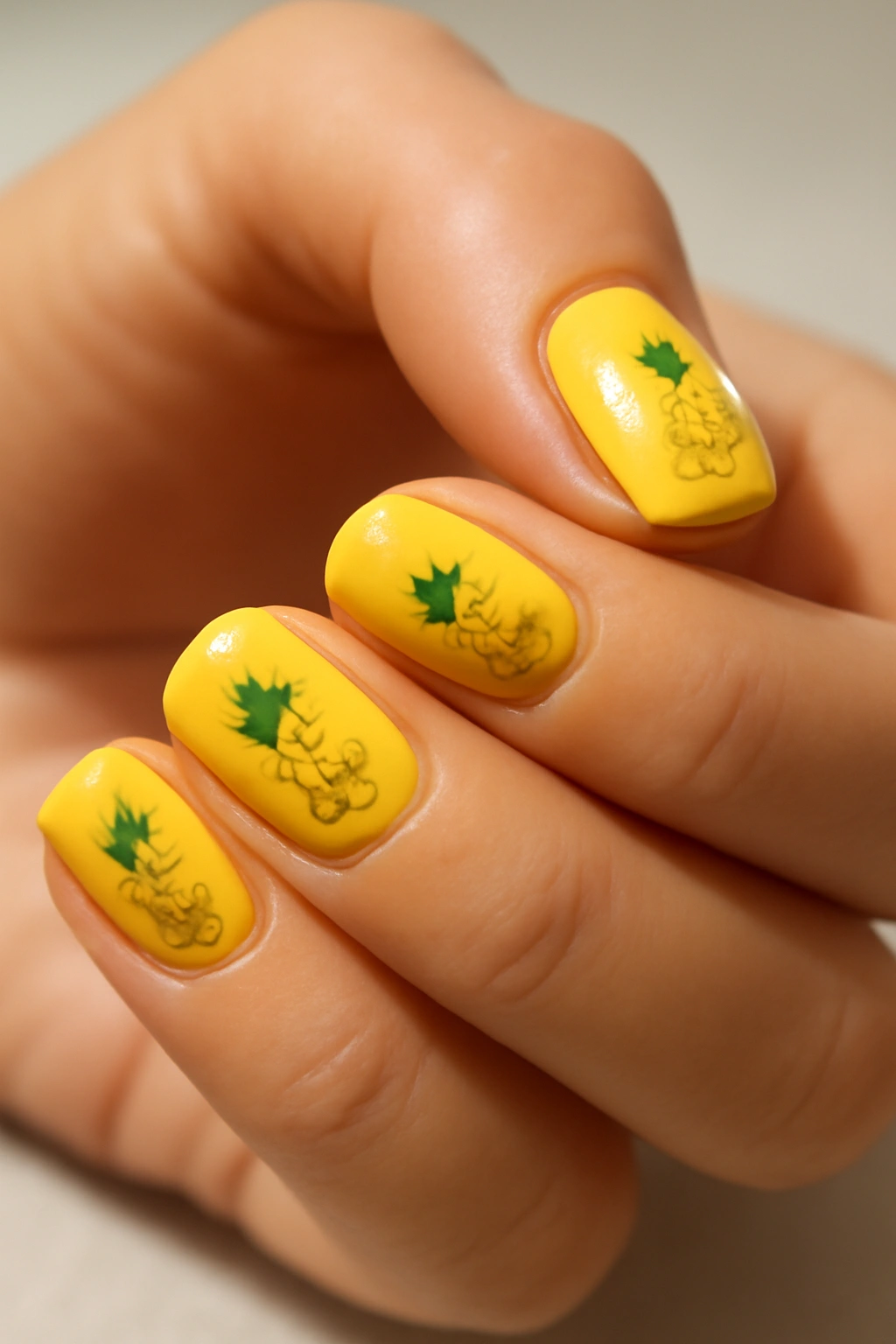 Close-up of nails with pineapple designs in yellow and green.