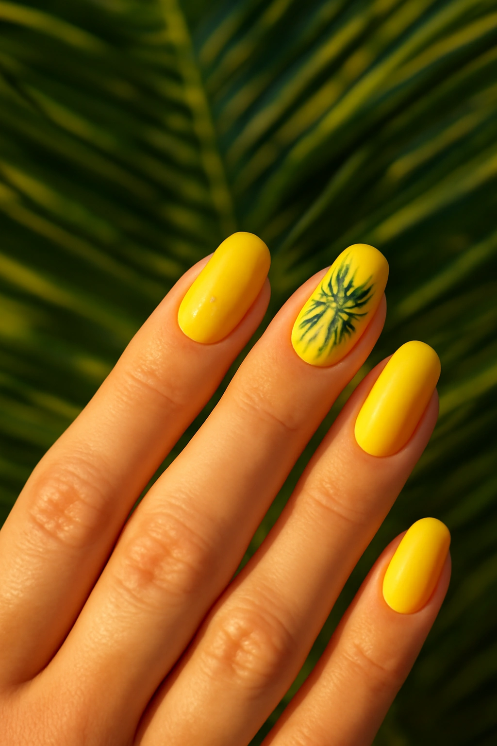 Yellow nails featuring a detailed pineapple accent design on one finger