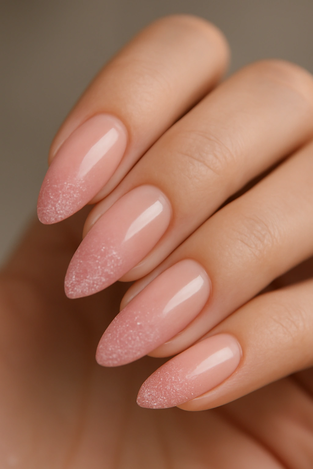 Close-up of almond nails with clear pink base and glittery pink French tip gradient