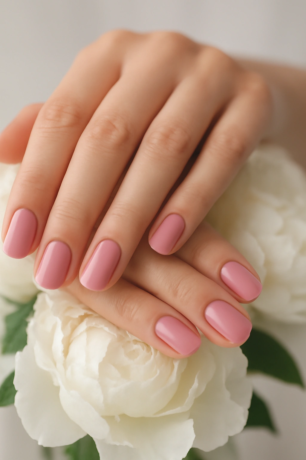 Soft pink short nails with a delicate rose hue for a feminine and fresh everyday look.