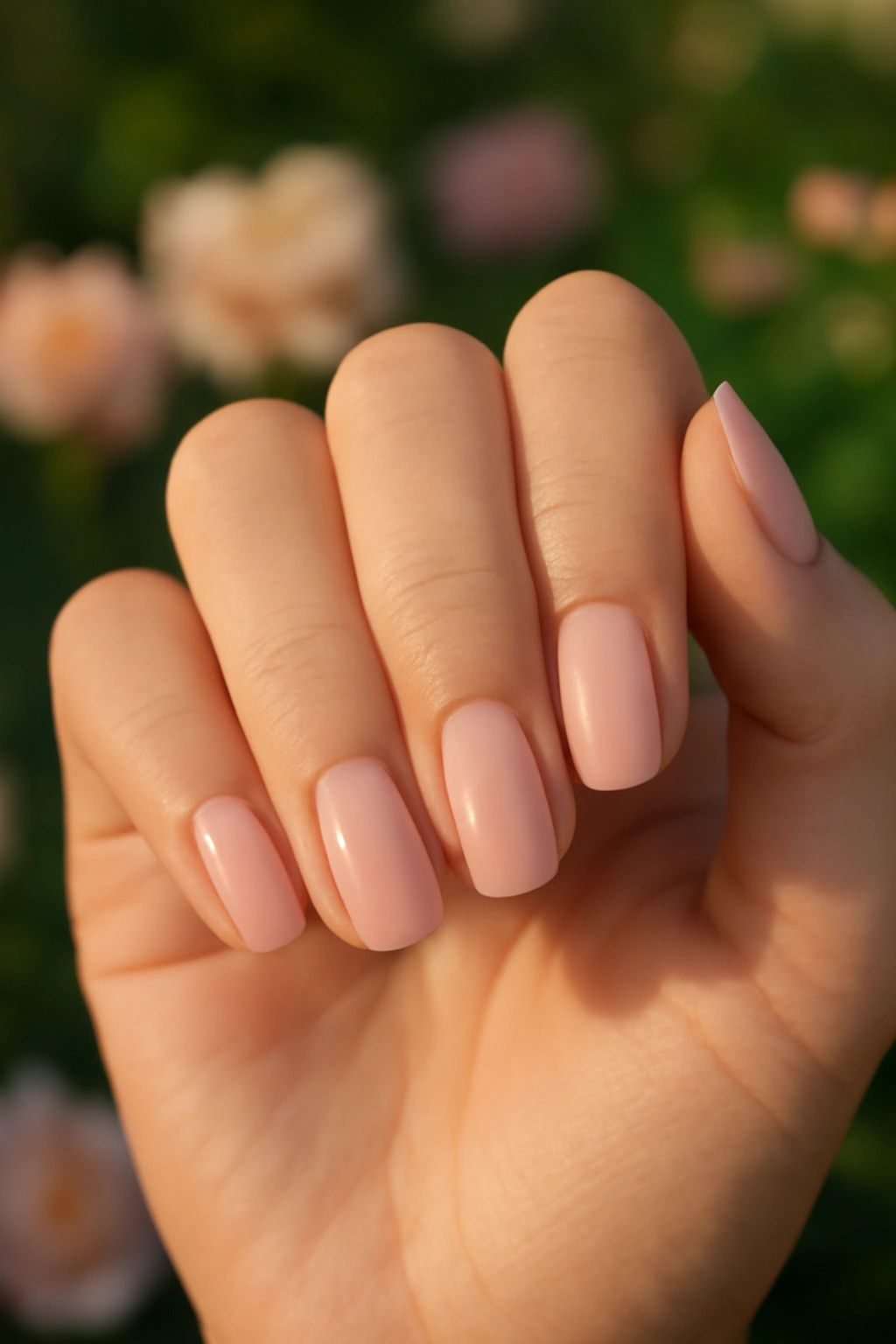 Soft pink ballet slipper style nail polish on manicured fingers.