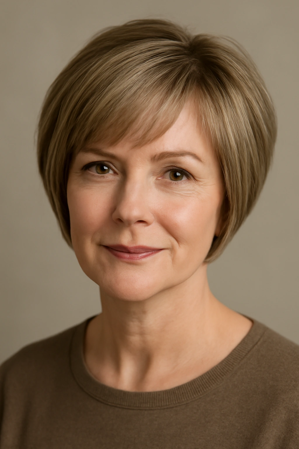 Pixie Bob hairstyle on a round-faced woman with jaw-length face-framing layers
