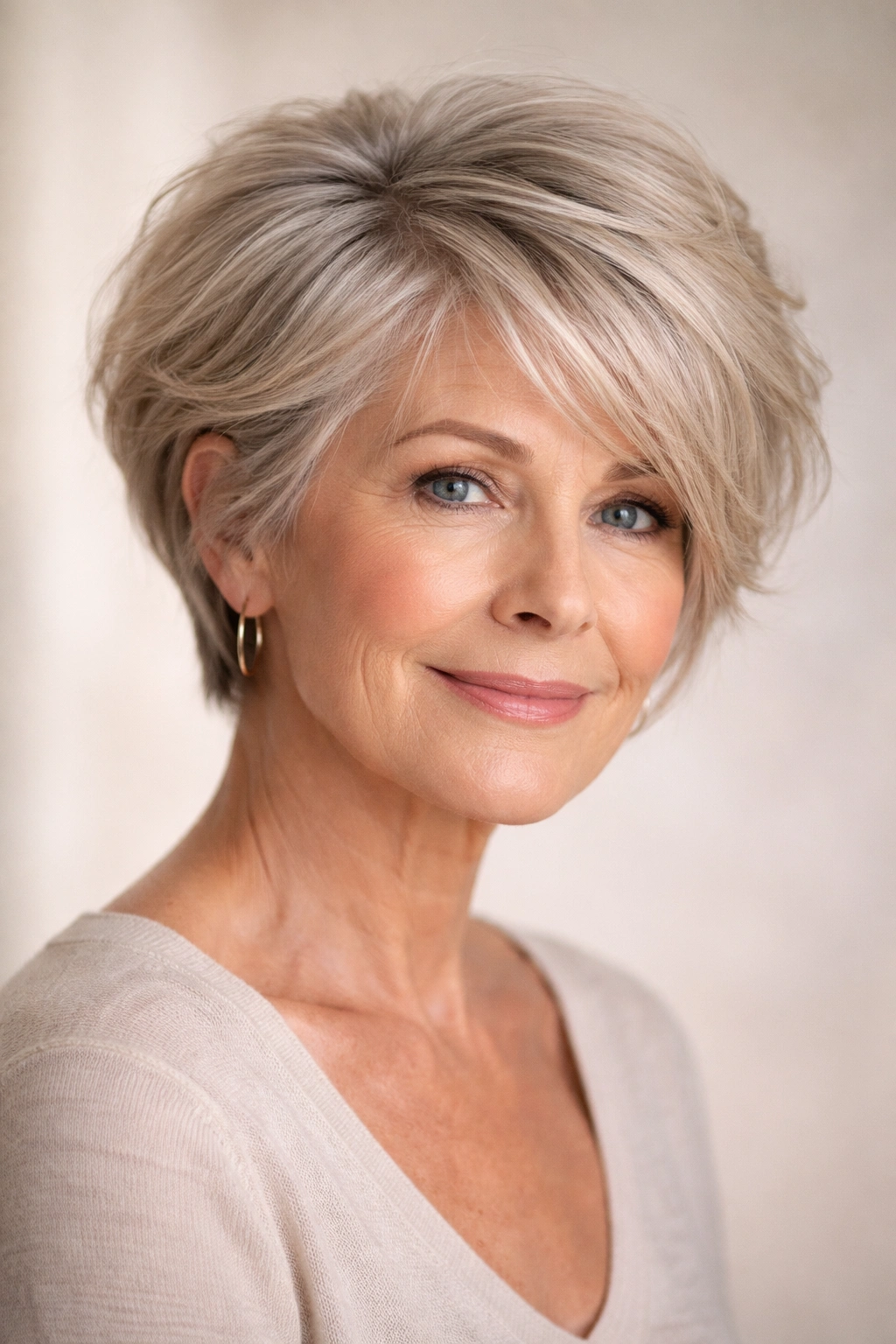 Close-up portrait of a woman with a textured pixie bob showing volume and soft waves