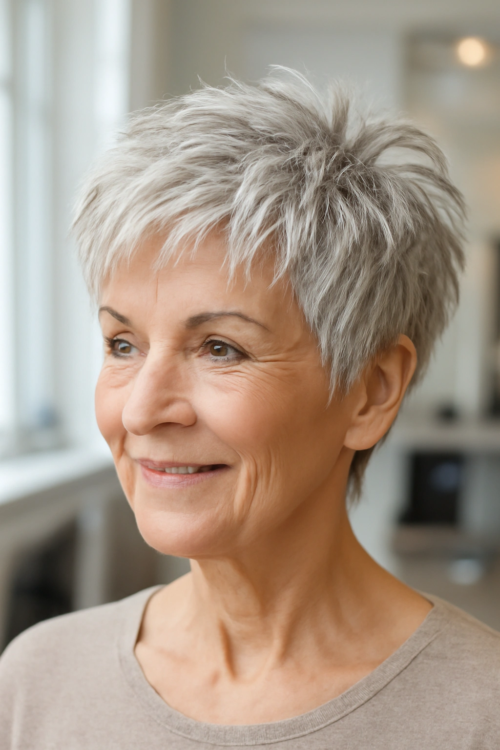 Woman over 70 with silver textured pixie cut and choppy layers