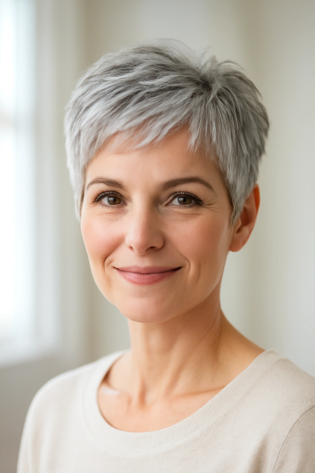 Woman over 50 with a chic silver pixie cut and textured layers