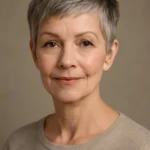 Close-up portrait of a woman with a pixie cut highlighting short sides and textured top.