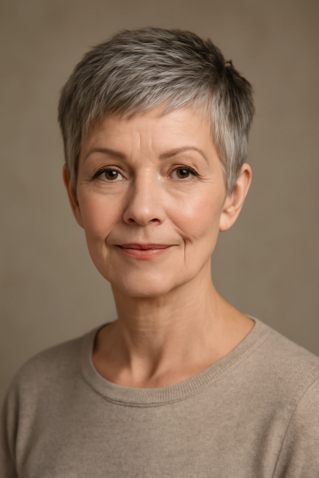 Close-up portrait of a woman with a pixie cut highlighting short sides and textured top.