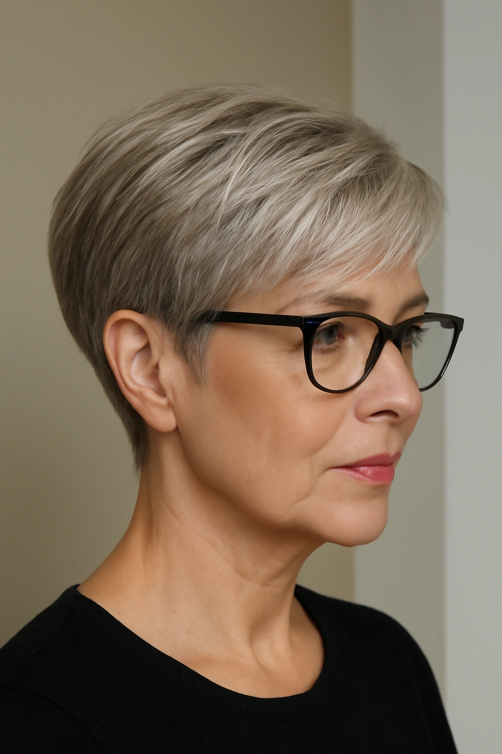Sophisticated short pixie cut on a woman over 50 with glasses.