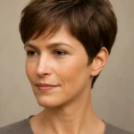 Close-up portrait of a woman with a classic pixie cut, textured crown layers.