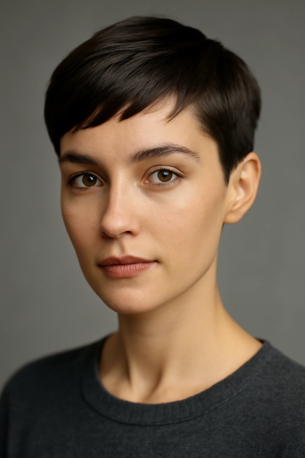 Close-up of a woman with a classic pixie cut, short sides and longer top.