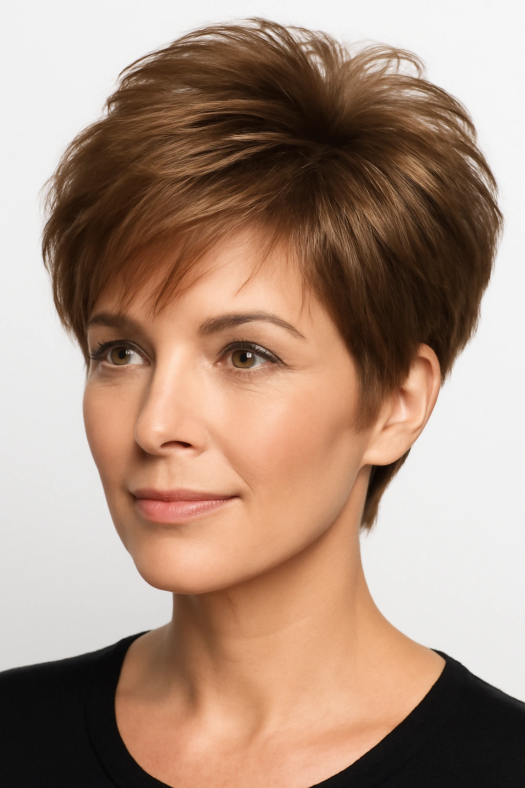 Close-up of a voluminous pixie cut with feathered layers on a woman with defined features