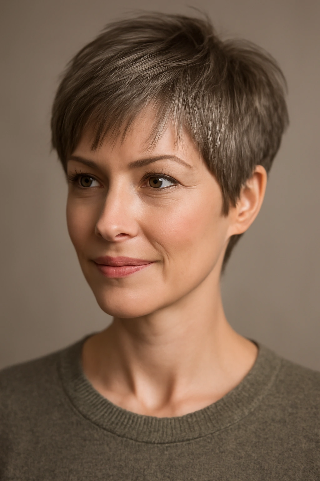 Close-up of a woman with a pixie cut and wispy bangs