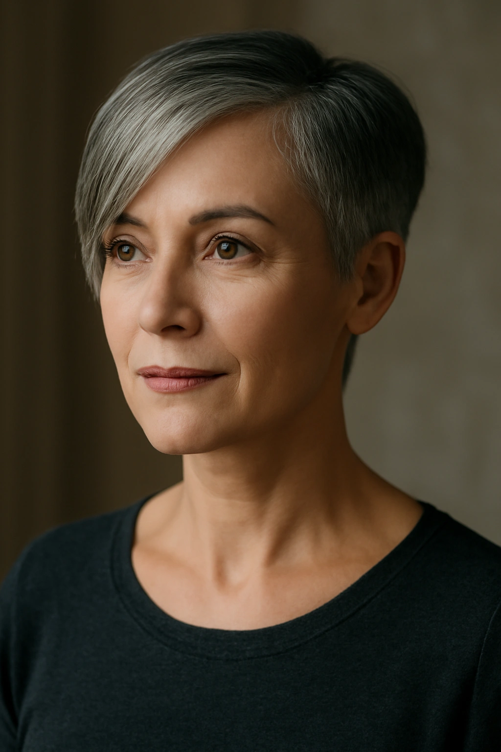 Pixie with deep side part hairstyle