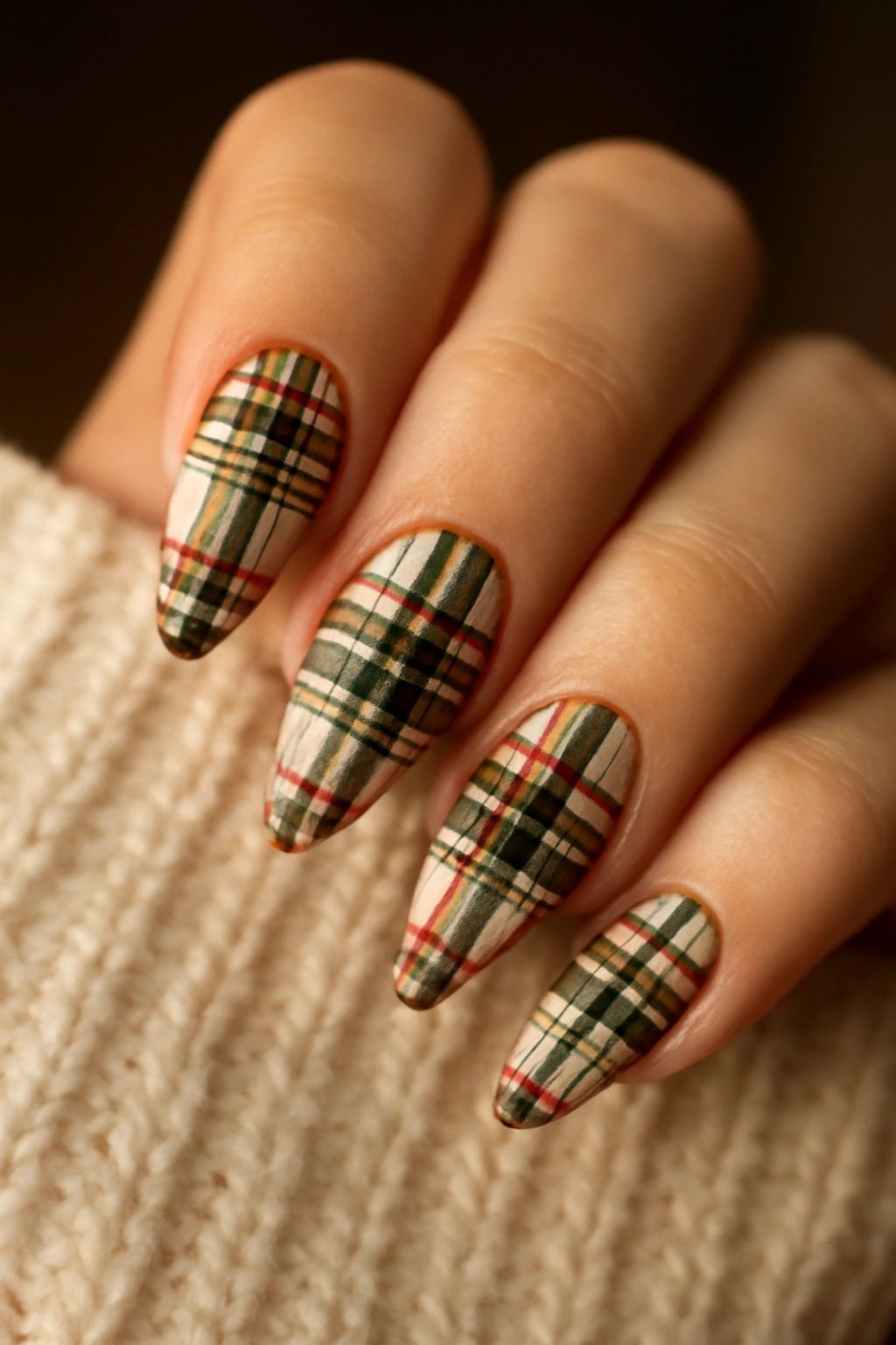 Close up of plaid pattern nail art in fall colors with a cozy sweater background