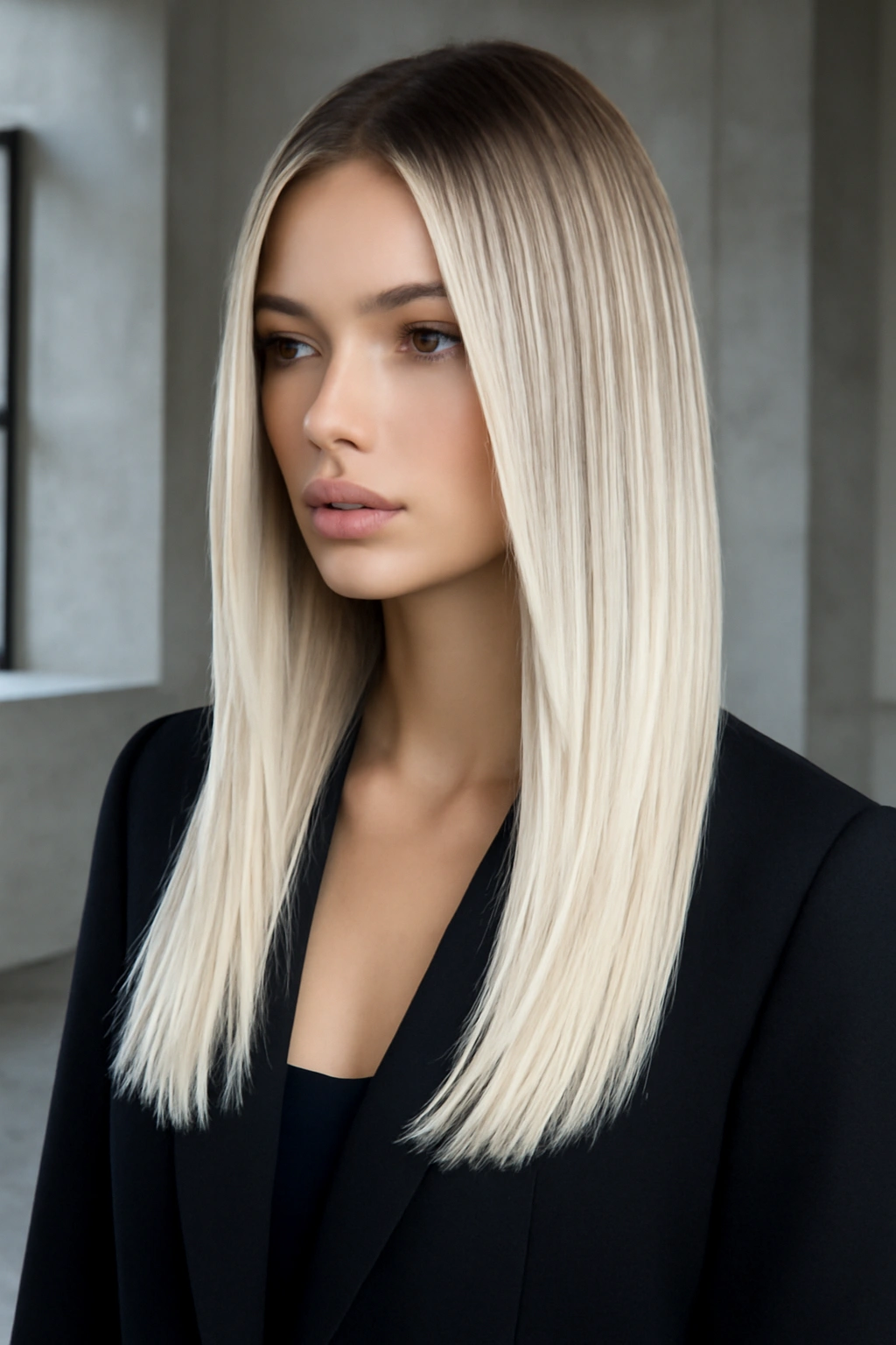 Edgy platinum blonde balayage with icy white highlights on a light brown base.