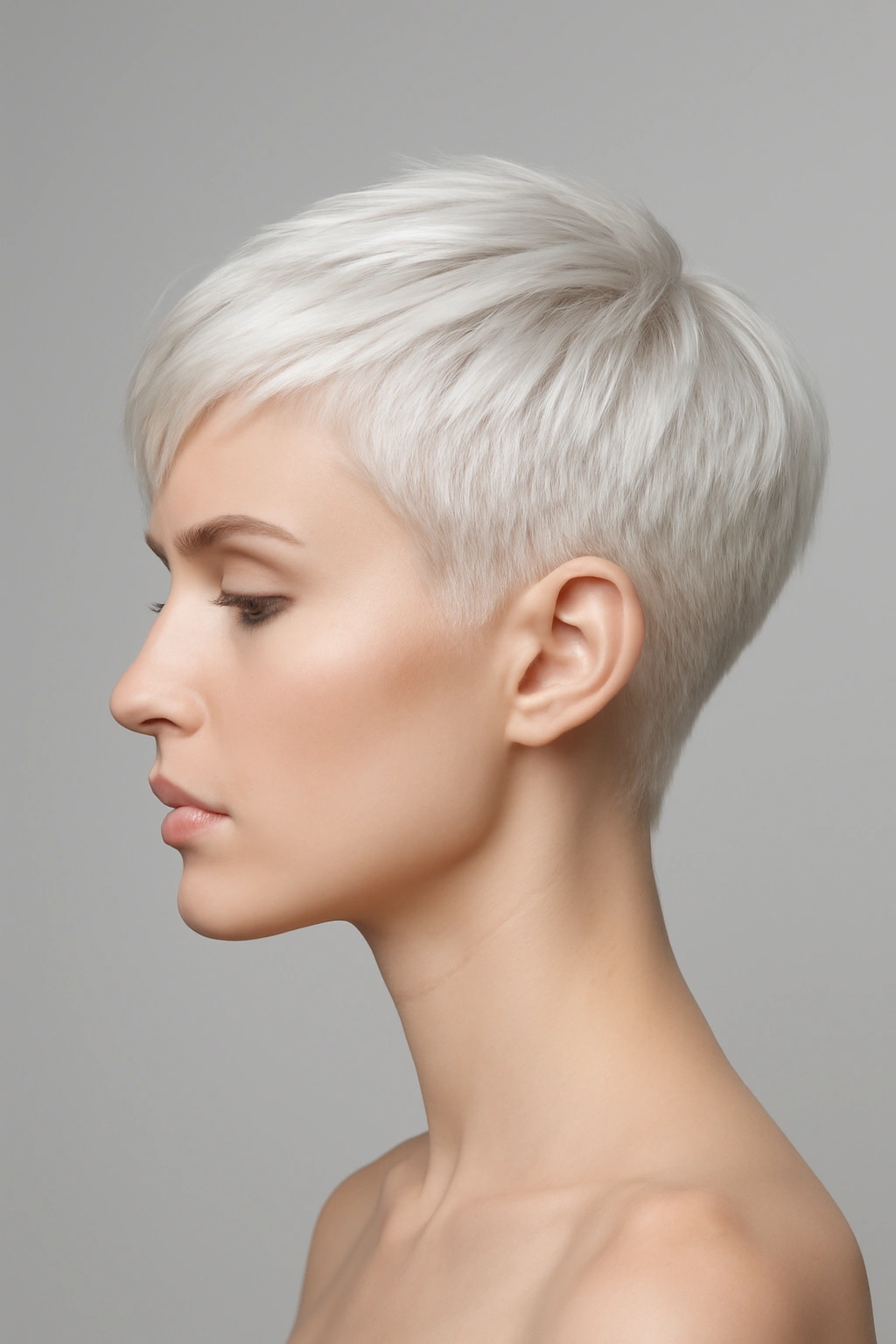 Woman with a modern icy platinum blonde pixie cut in a studio setting
