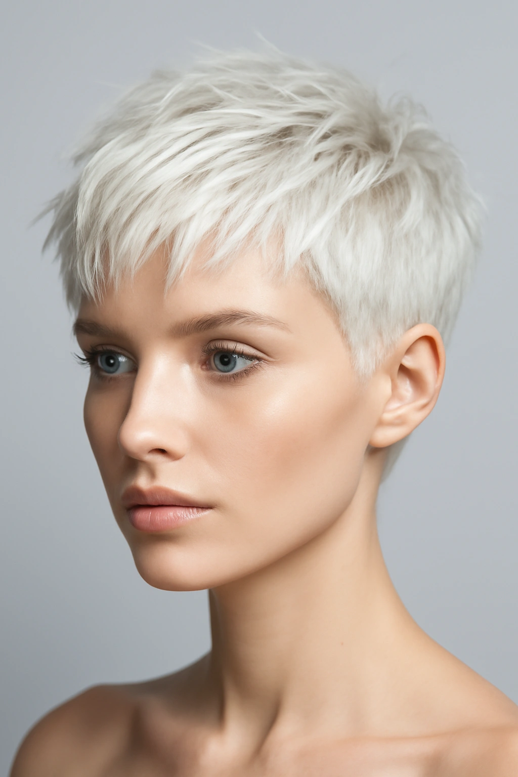 Edgy platinum blonde textured crop short haircut with choppy layers and dimension