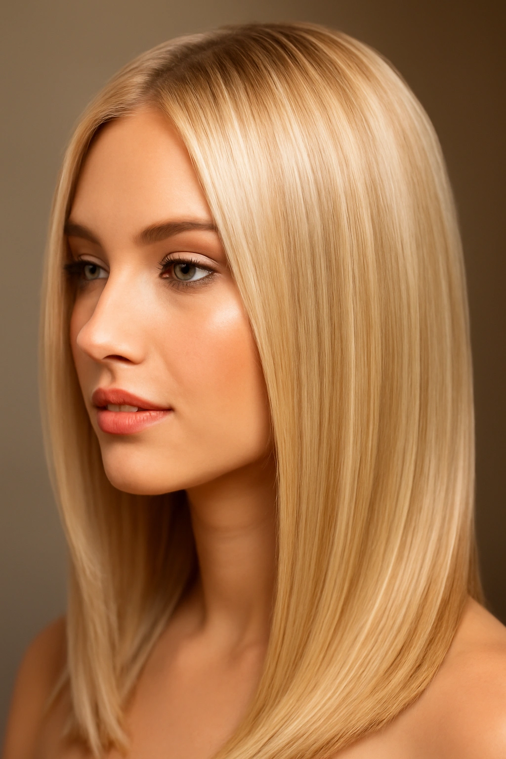 Sleek platinum blonde hair with warm honey tones and buttery finish