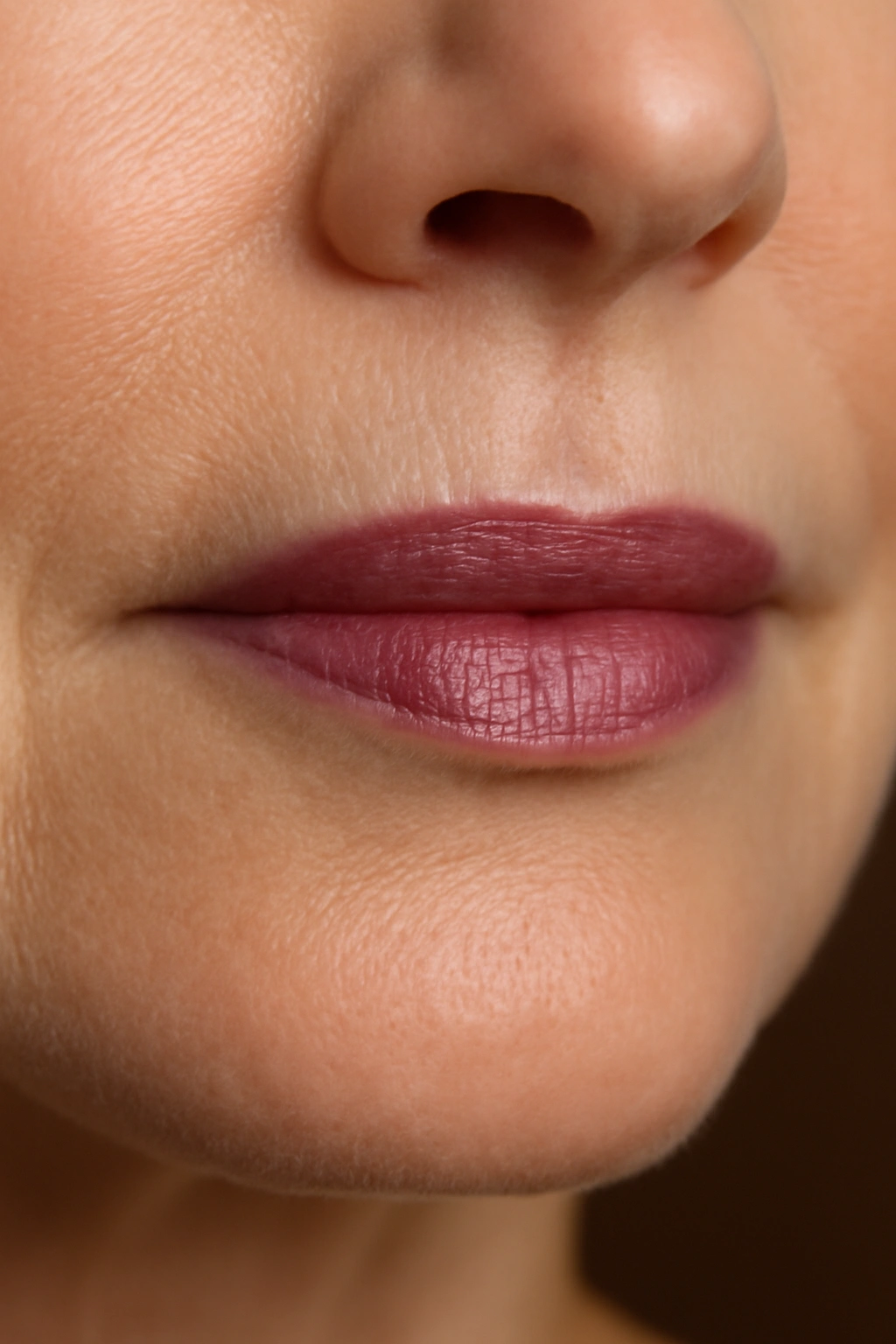 Sheer plum tint lip color on a mature woman for an evening wedding event.